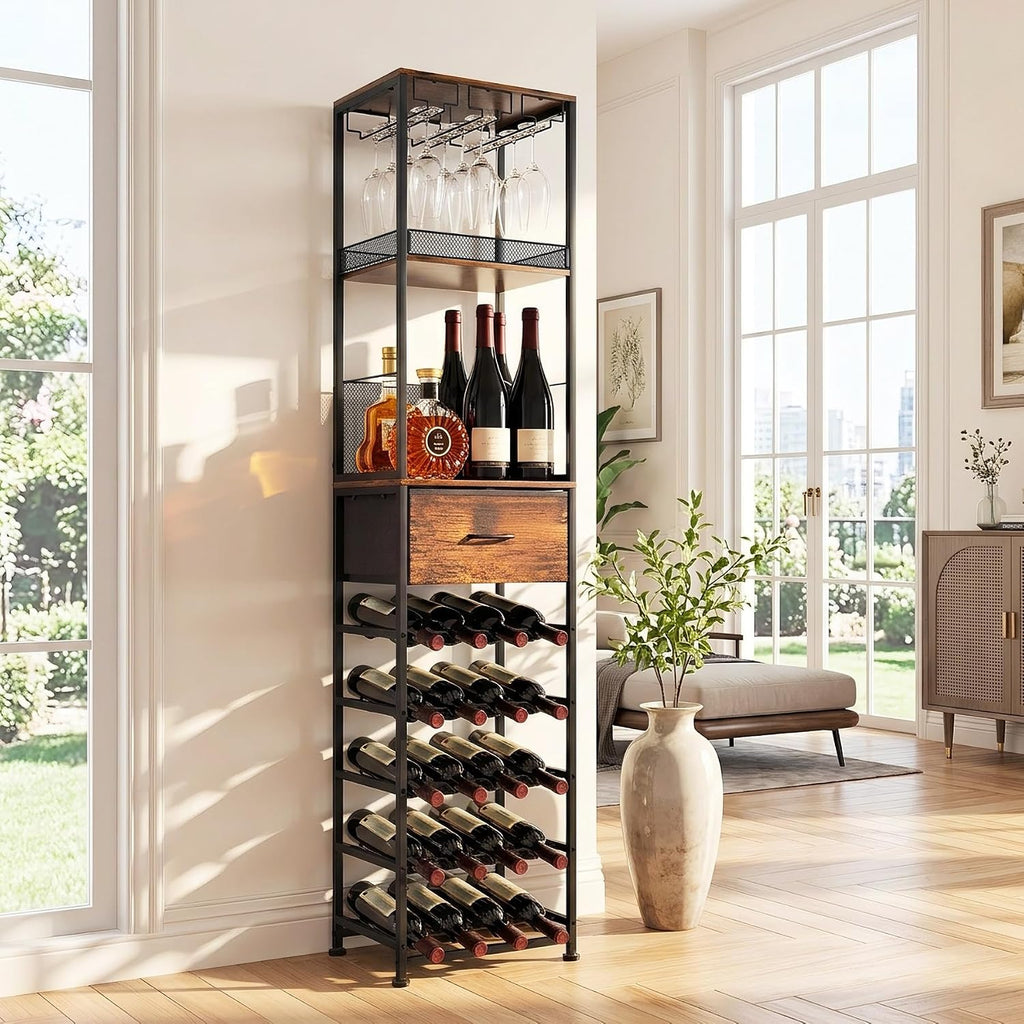 7-Tier Wine Rack Freestanding Floor Liquor Cabinet Bar | 2-in-1 Modular Split, 40 Bottles Display Shelf, Wooden Wine