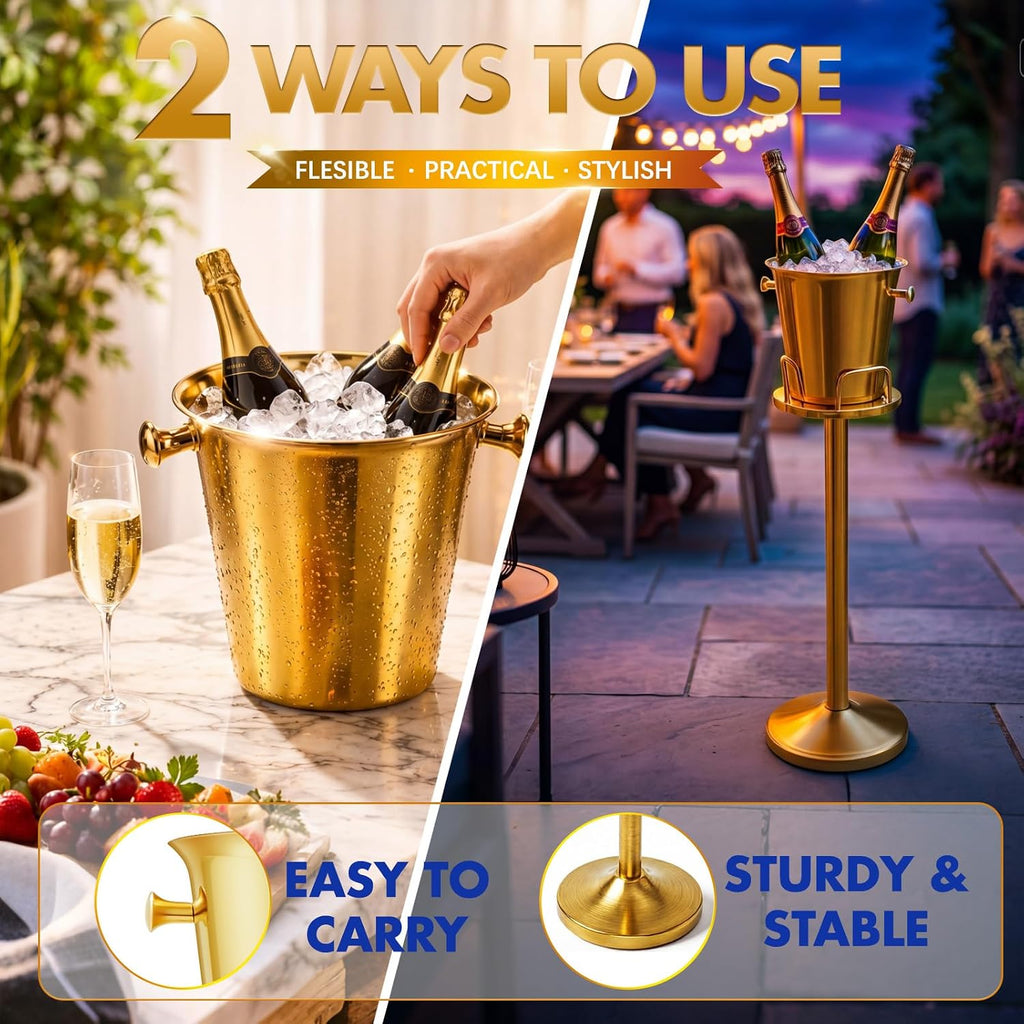 1 Pack Ice Bucket with Stand Champagne Bucket 5l 12lb Stainless Steel Beverage Tub 3ft Wine Bottle Chiller Holder