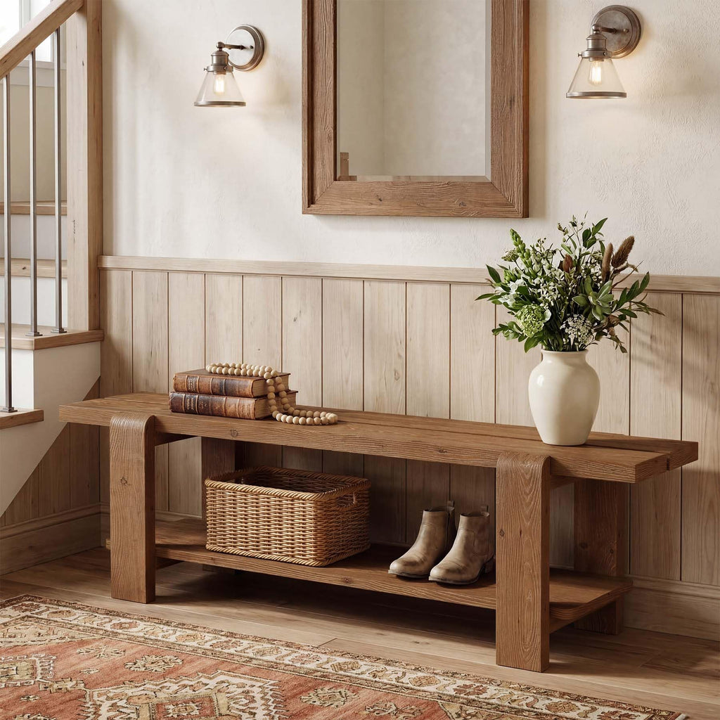 Solid Wood Entryway Bench with Shoe Storage Shelf, 63-Inch Long Farmhouse Entry Shoe Bench, End of Bed Bench