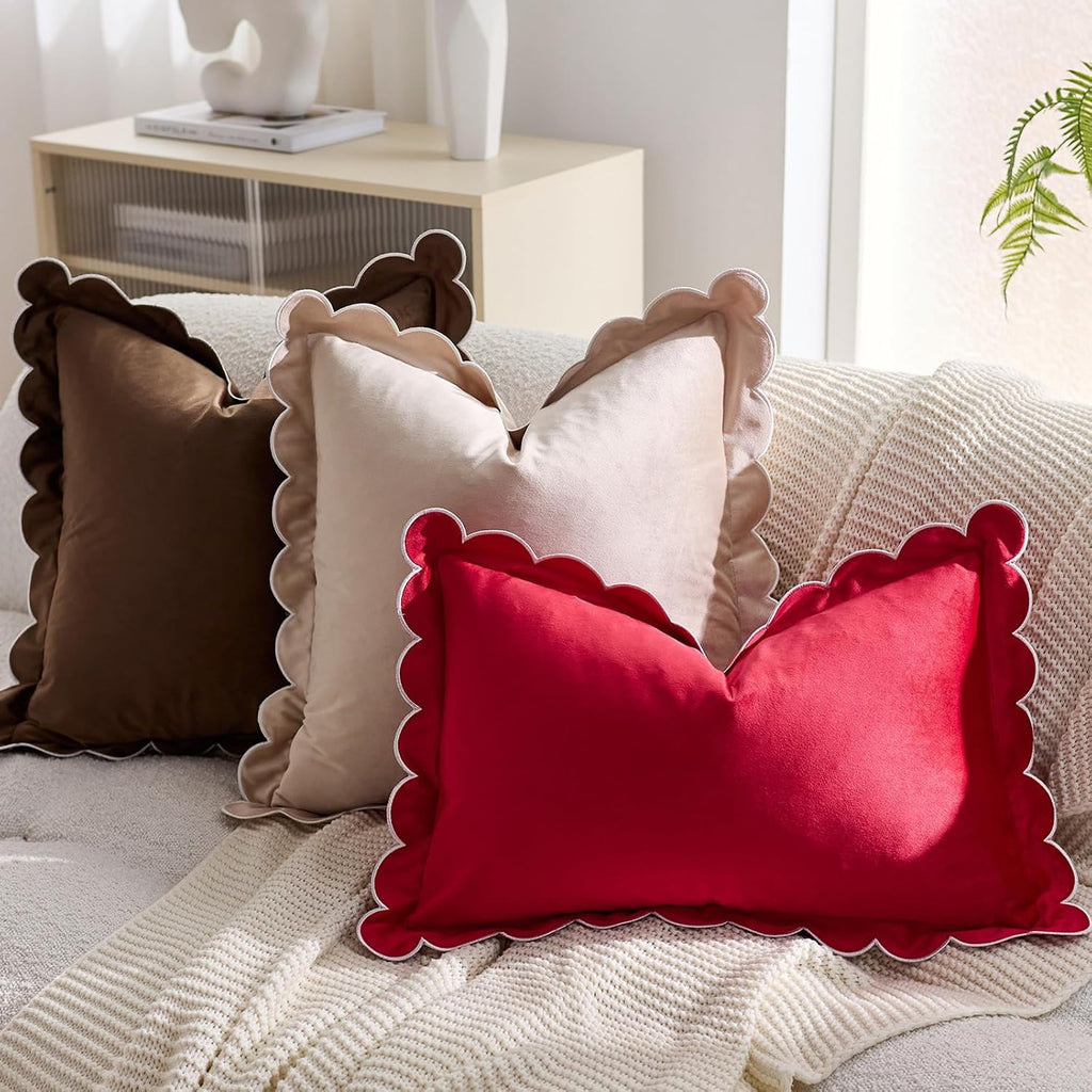 Christmas Pillow Covers 18x18 Inch Red Holiday Throw Pillow Covers Scalloped Ruffle Velvet Couch Pillows - Set of 2