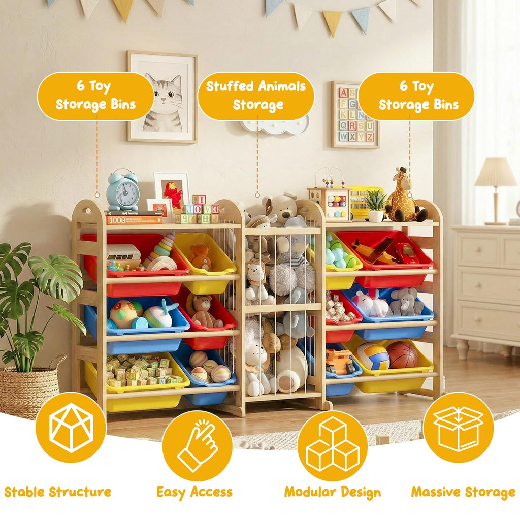 Toy Storage Organizer with Stuffed Animal Storage, 66.1"W Multi Color, 2-Shelf Bookcase / Bookshelf with 12 Toy Bins