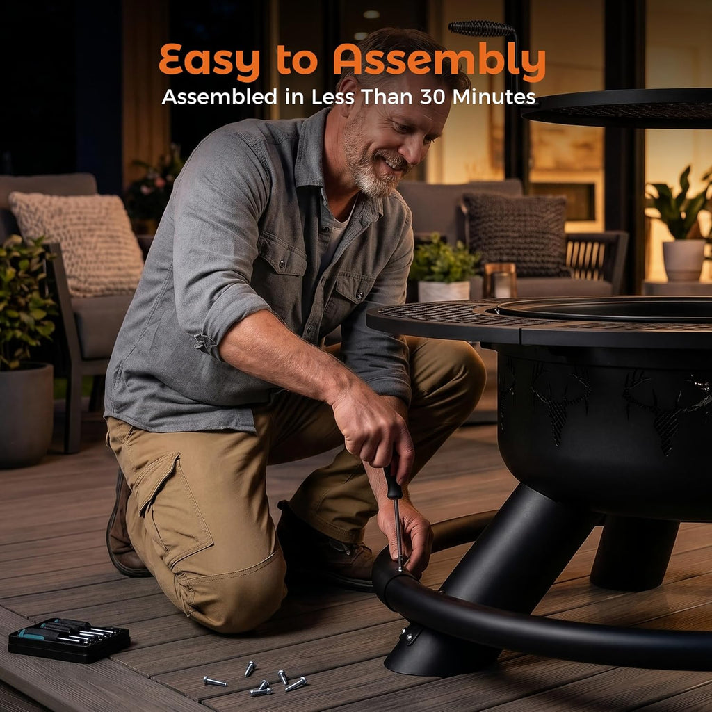 Fire Pit with Poker, Outdoor Fire Pit Extra Large, Wood Burning Firepits for Outside with Grill, 47 inch