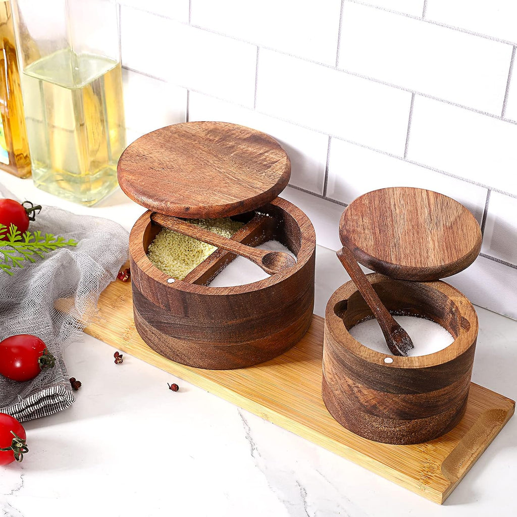 Acacia Wood Salt and Pepper Bowl, Nature Wood Salt Cellar and Spices Storage Box With Built-in Spoon and Magnetic