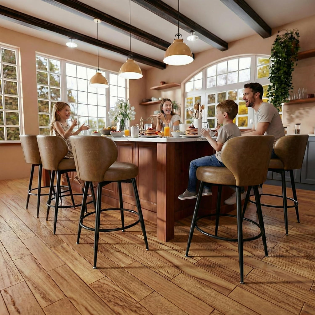Bar Stools Set of 4, 26" Counter Height Swivel Leather Bar Stools, Upholstered Barstools with Back & Footrest Metal