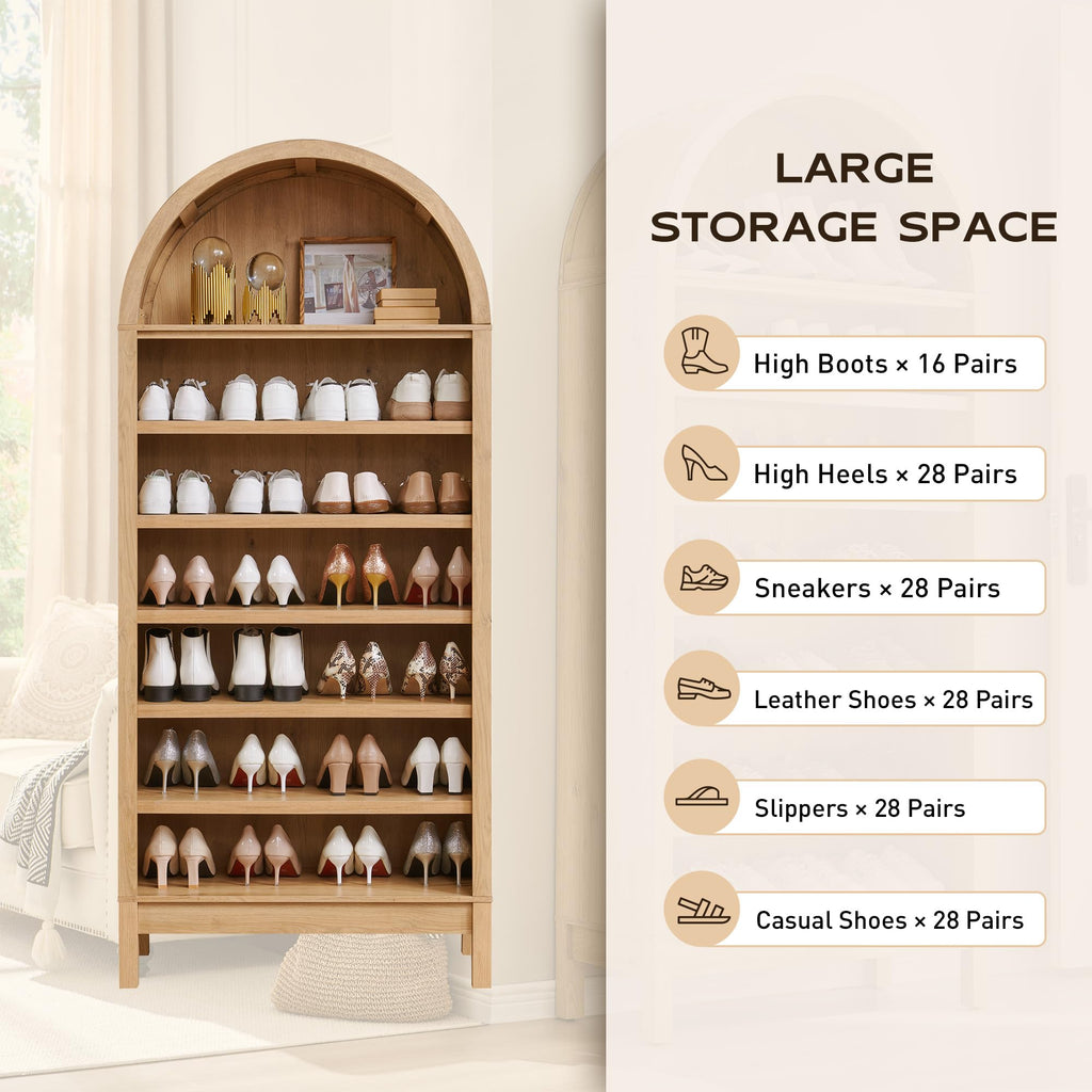71" Tall Arched Bookshelf, 7 Tiers Arch Bookcase (Natural)