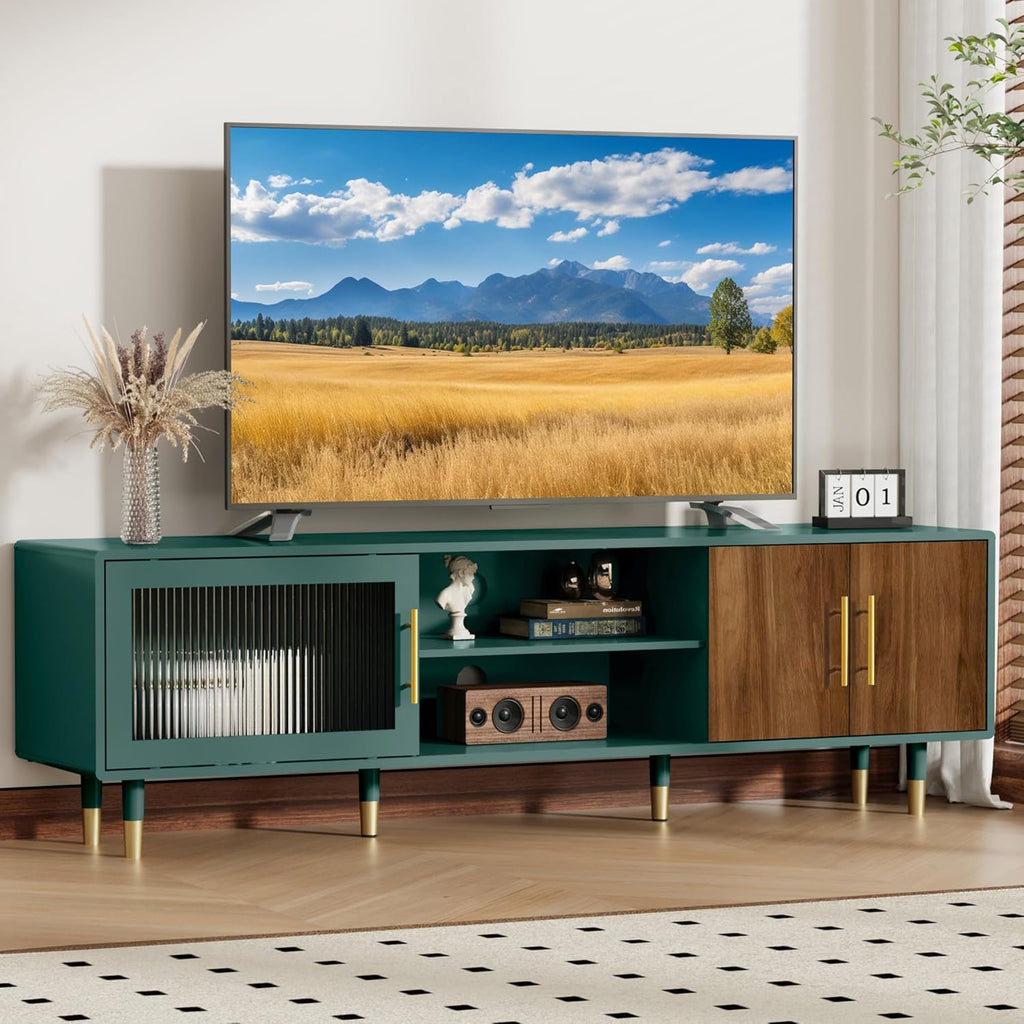 TV Stand with Glass Sliding Door, 66" Mid Century Modern TV Cabinet for TVs up to 75 inch, Entertainment Center with