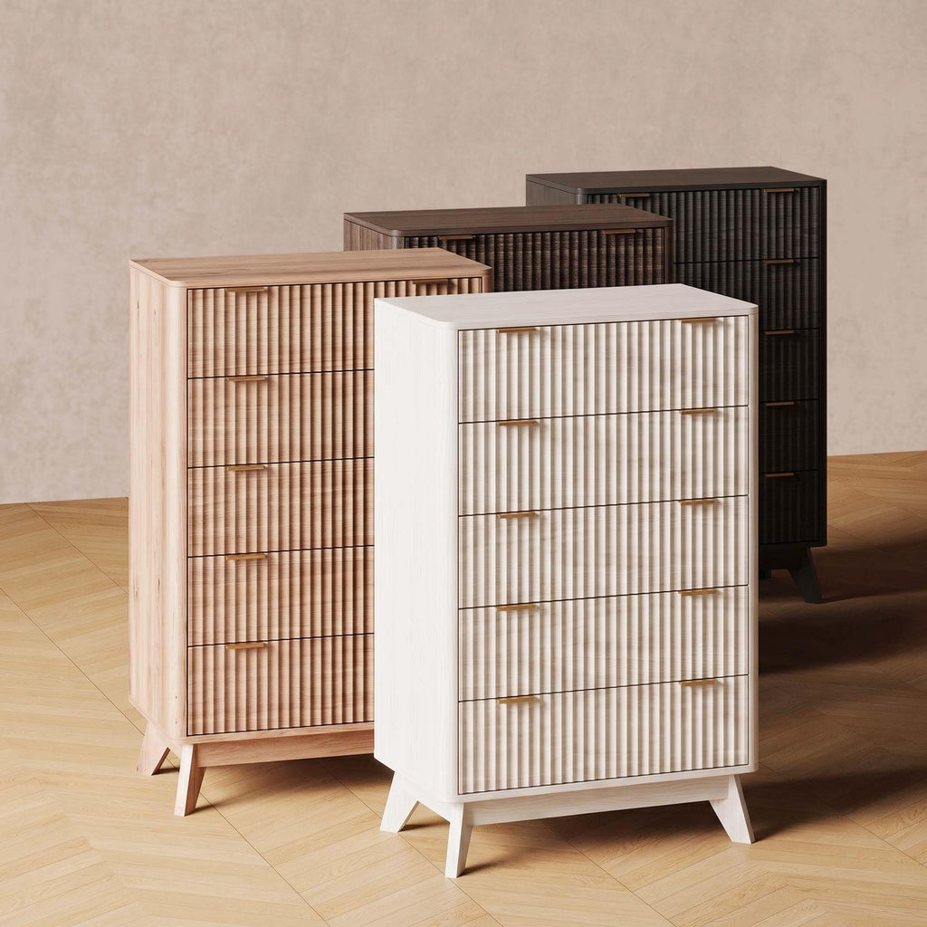 43" Wide Fluted 5 Drawers Dresser, Curved Edge, White