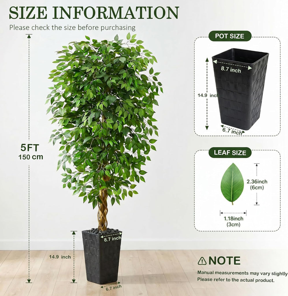 Artificial Ficus Tree 5FT Faux Floor Tree with Planter UV Resistant Potted Fake Silk Plant - Faux Trees Indoor