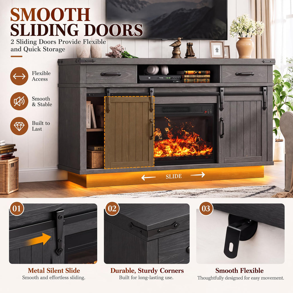 For TVs up to 65", Electric Fireplace with 3D Flame, Farmhouse LED Light Entertainment Center TV Console with with 2