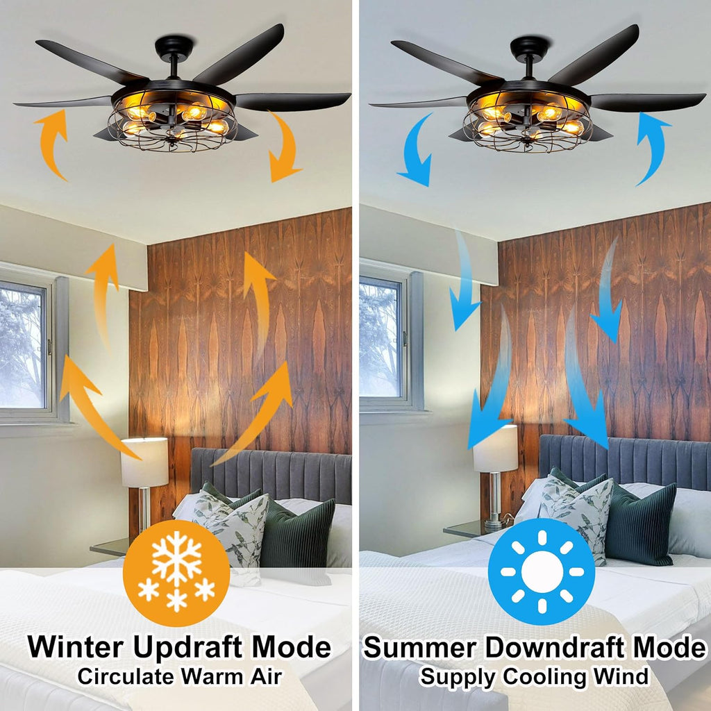 Ceiling Fans with Lights and Remote - 52 Inch Farmhouse Ceiling Fan with Caged Light Fixture - Black Industrial