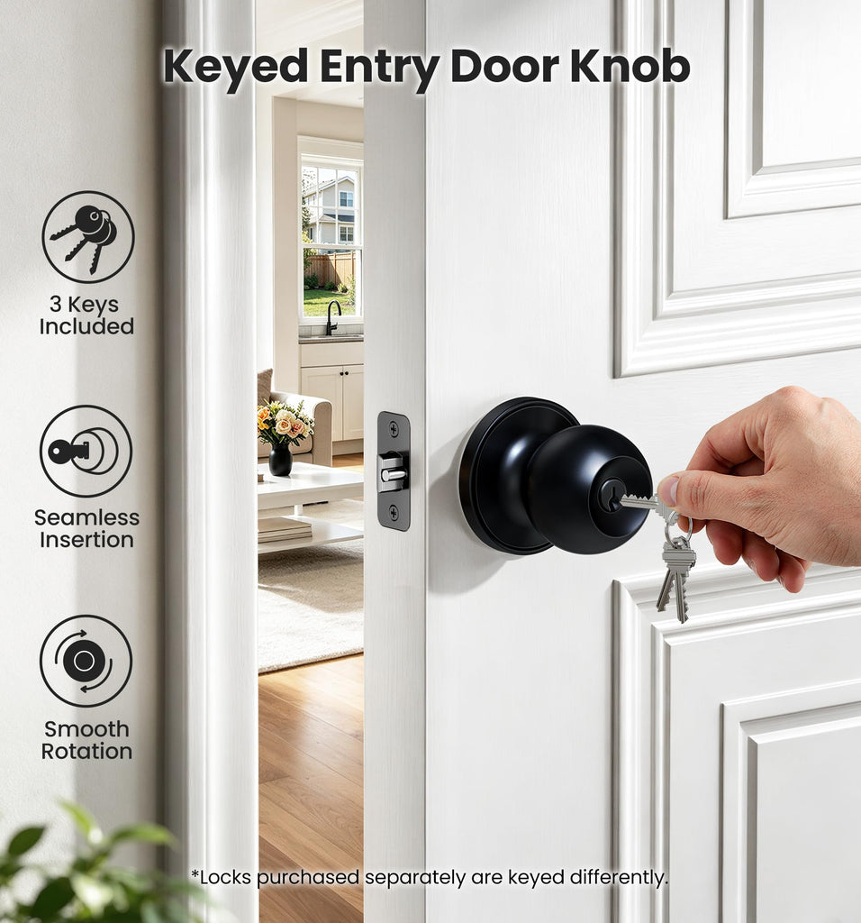 2 Pack Keyed Alike Entry Door Knobs with Lock & Keys, Matte Black