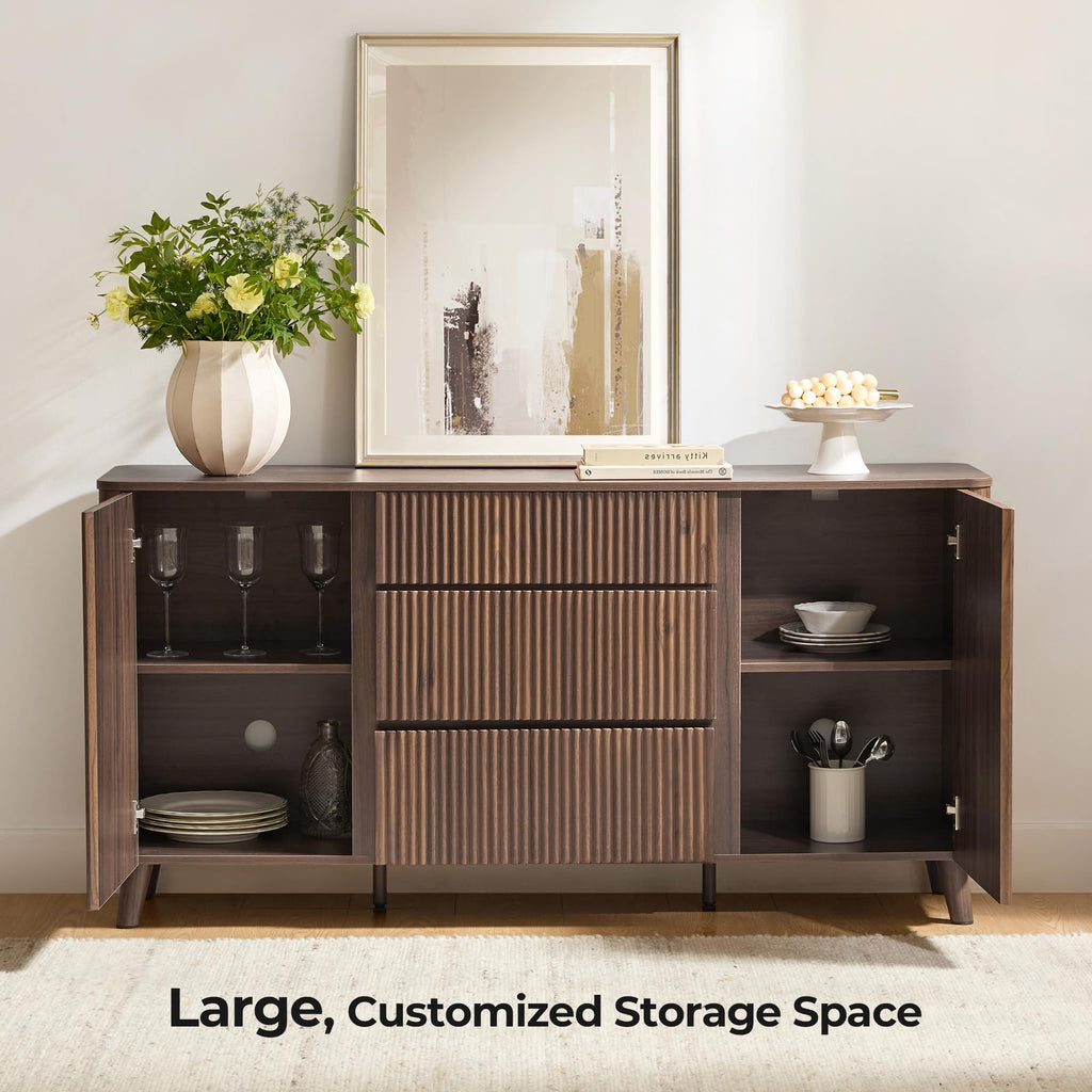 62" Fluted Sideboard Buffet Cabinet with 3 Drawers, Walnut