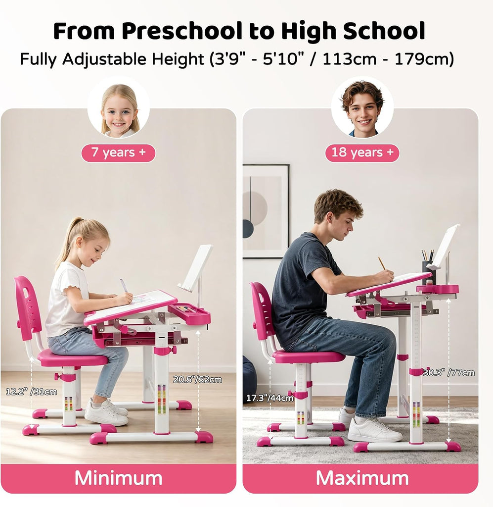 Kids Desk and Chair Set with LED Light, Height-Adjustable for Age 7+