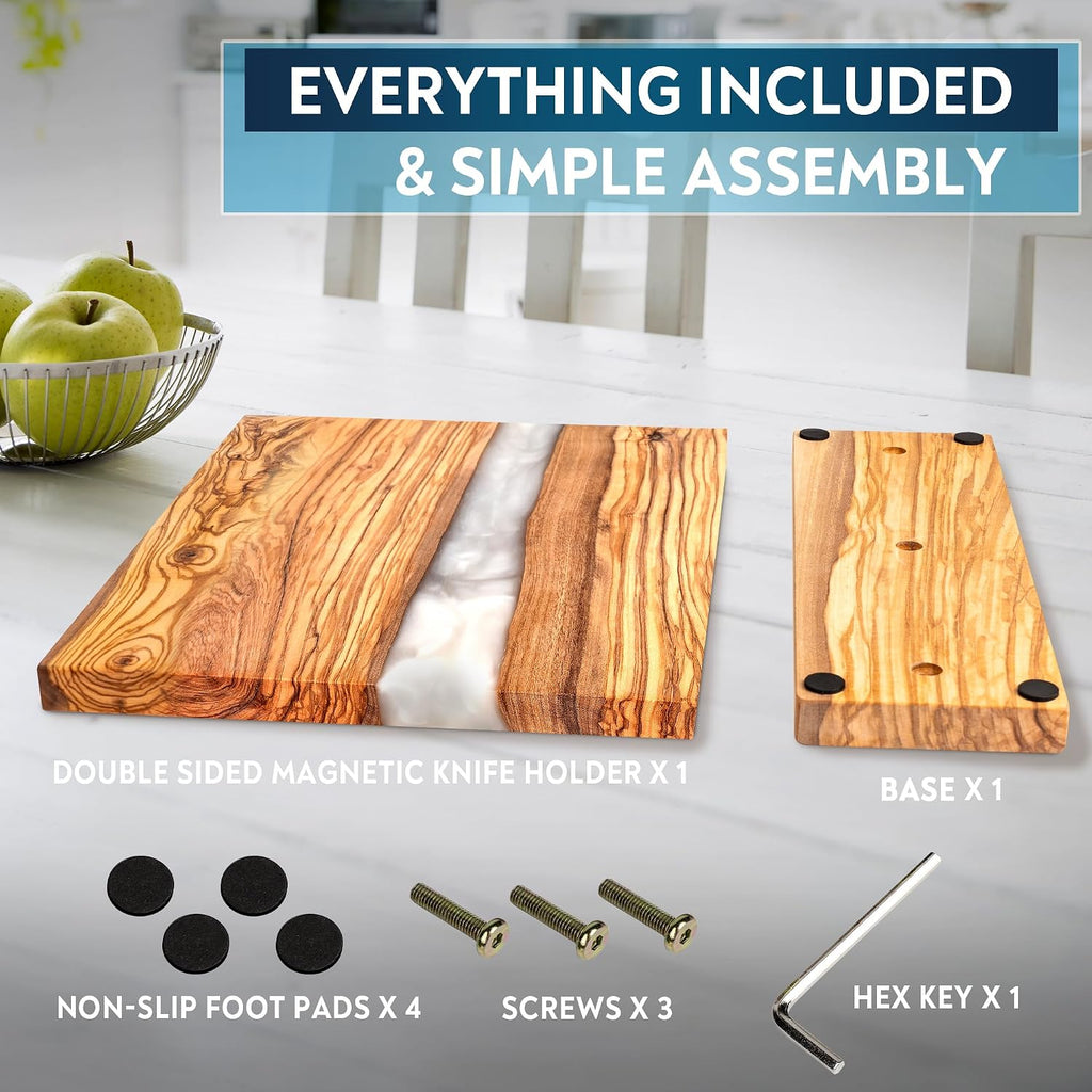 Magnetic Knife Block Stand - Italian Olive Wood Kitchen Knife Holder Rack with Resin Flow Design - Double Sided