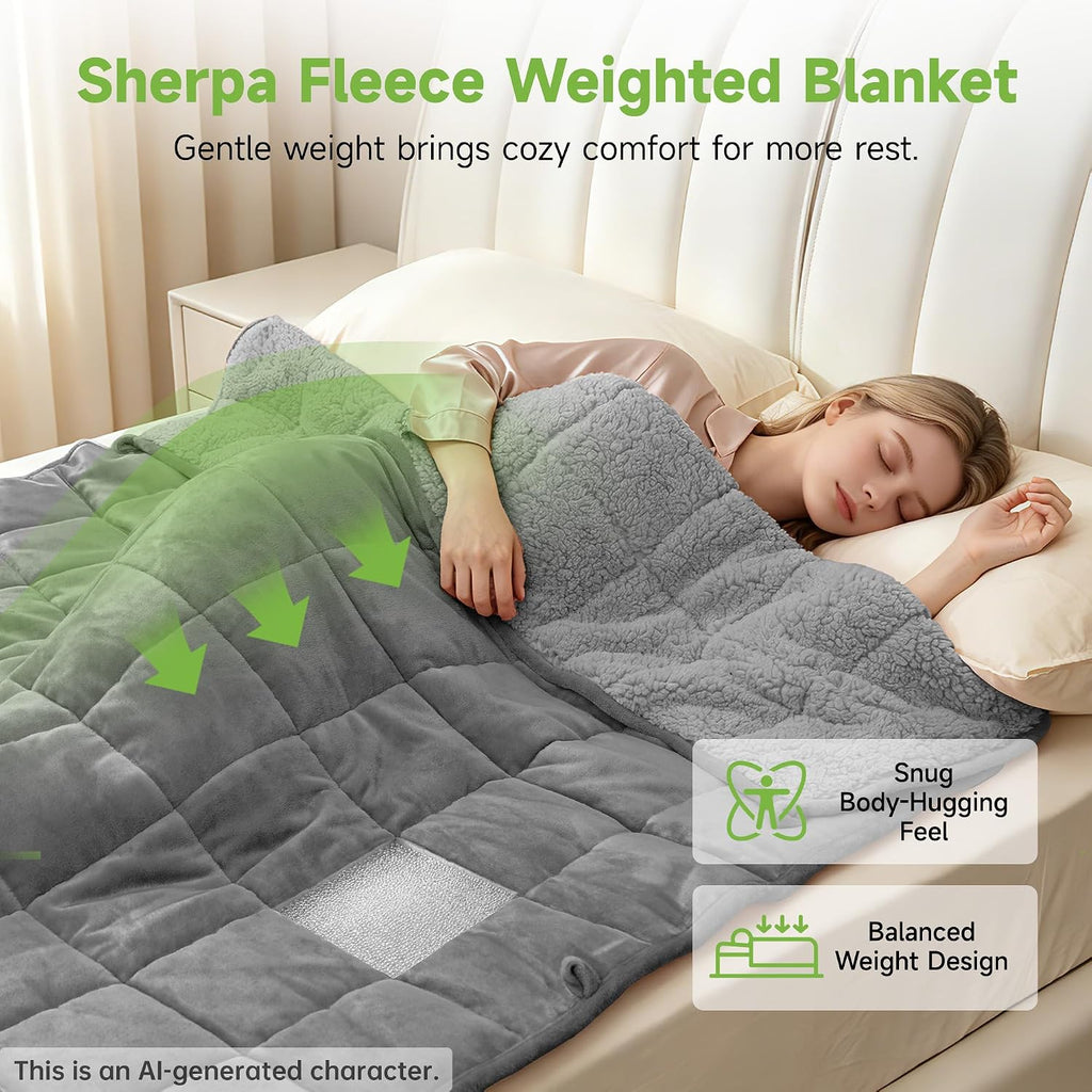 Soft Fuzzy Sherpa Fleece Weighted Blanket for Adults, Grey, 60" x 80" | 15 lbs, Dual Sided Flannel, Heavy Blanket
