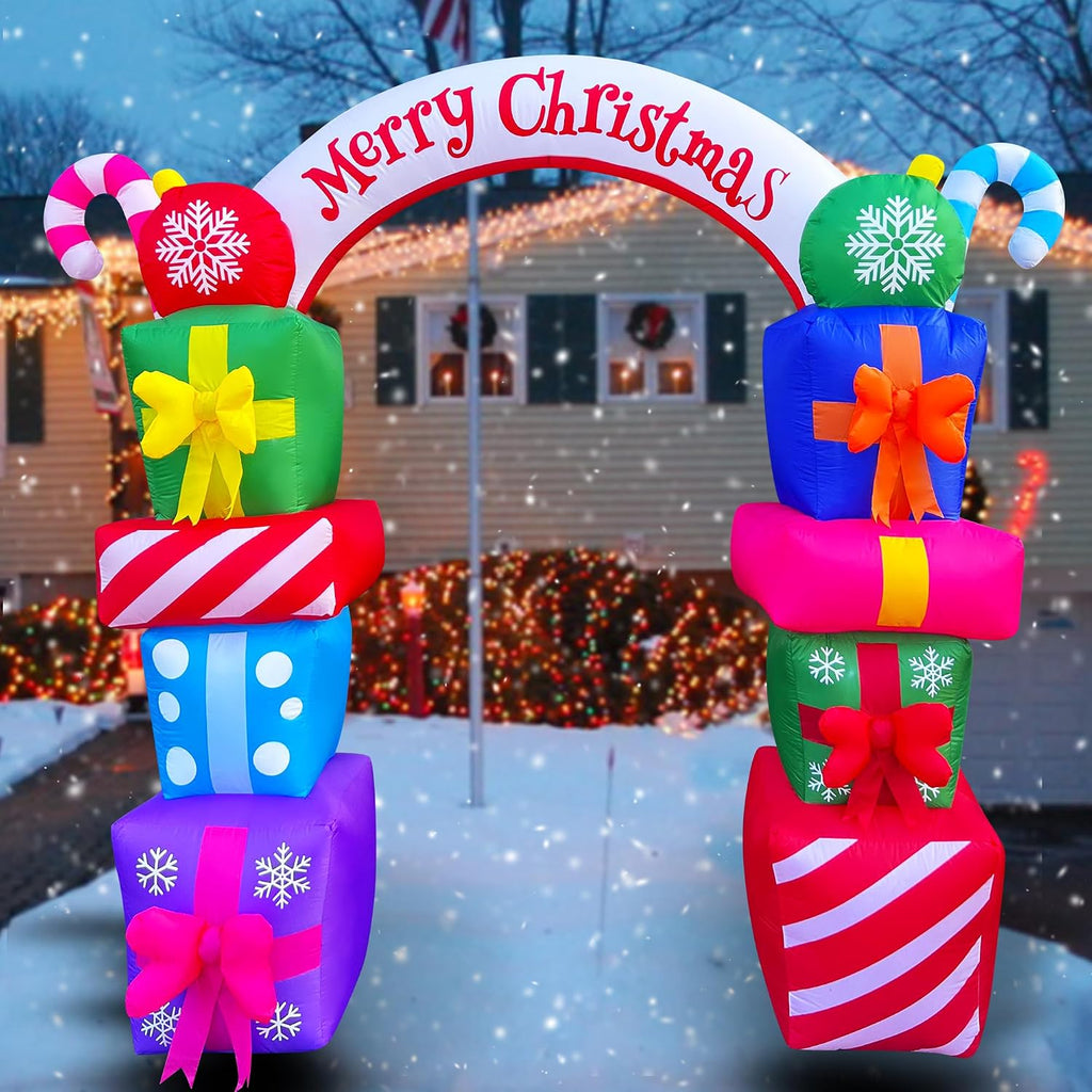 8 FT Christmas Inflatable Gift Boxes Arch Archway with Candy Merry Christmas Decoration Blow Up Lighted for Xmas Lawn