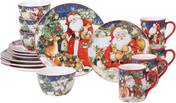 Magic of Christmas 16pc Ceramic Dinnerware Set - Santa and Woodland Animals Holiday Plates, Bowls & Mugs, Dishwasher