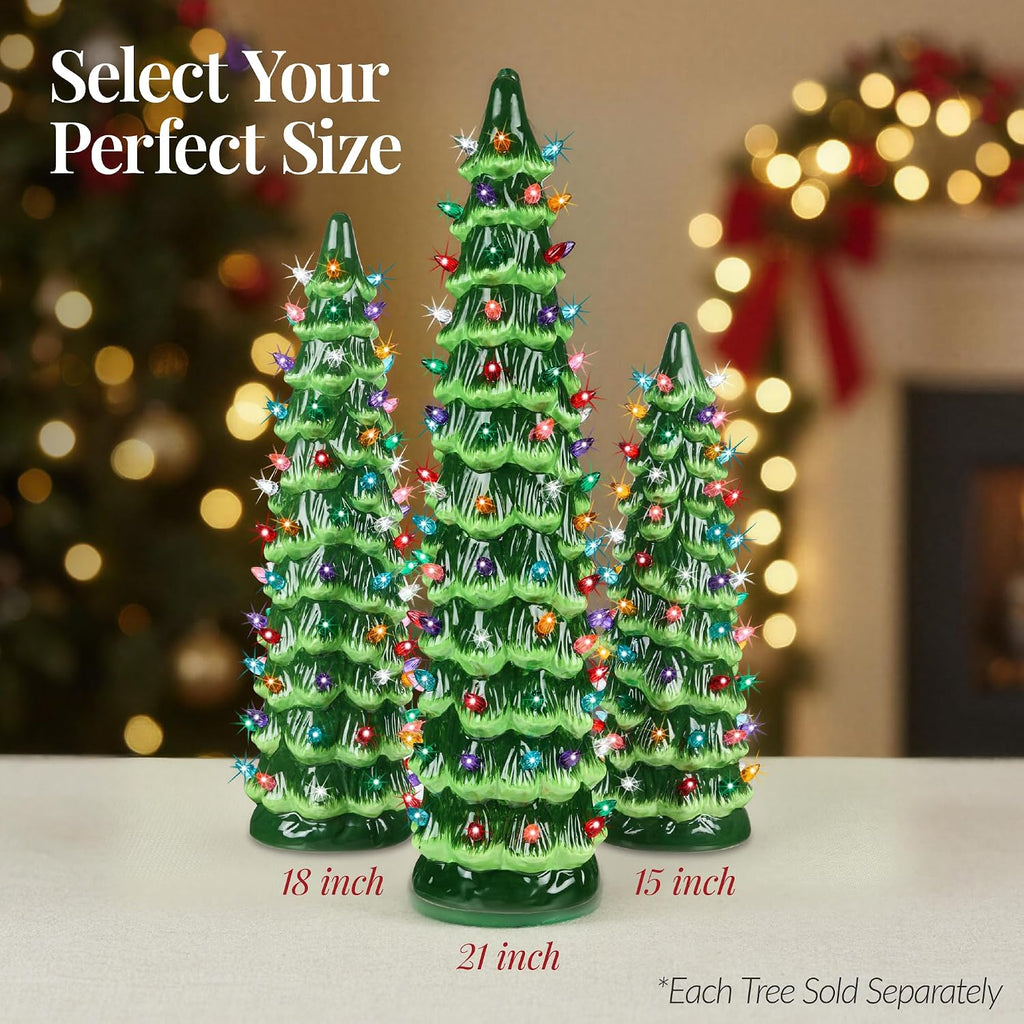 Ceramic Christmas Tree, 21in Pre-Lit Hand-Painted Tabletop Holiday Decoration w/Multicolor Bulbs, LED Lights - Green