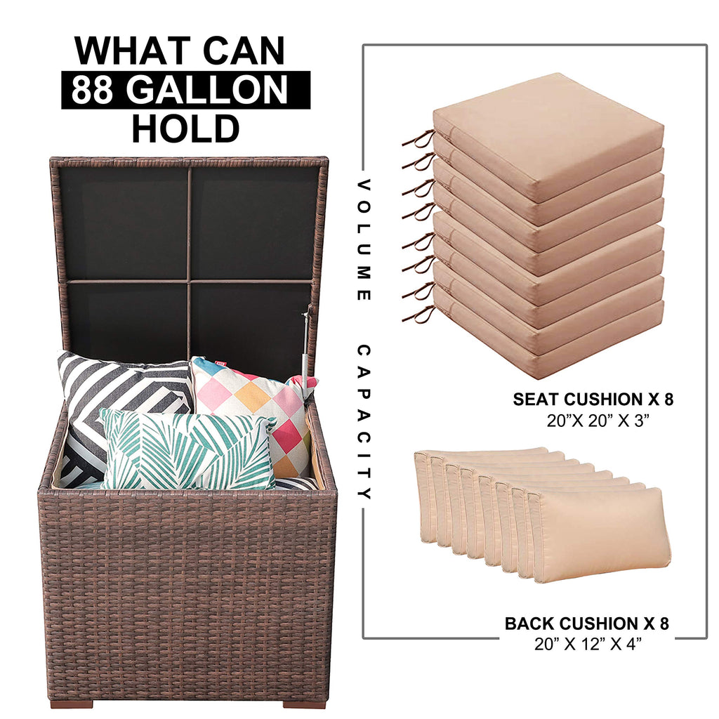 Wicker Outdoor Patio Storage Box Waterproof, Rattan Storage Bin Deck Box for Cushions, Garden Tools, 88 Gallon, Brown