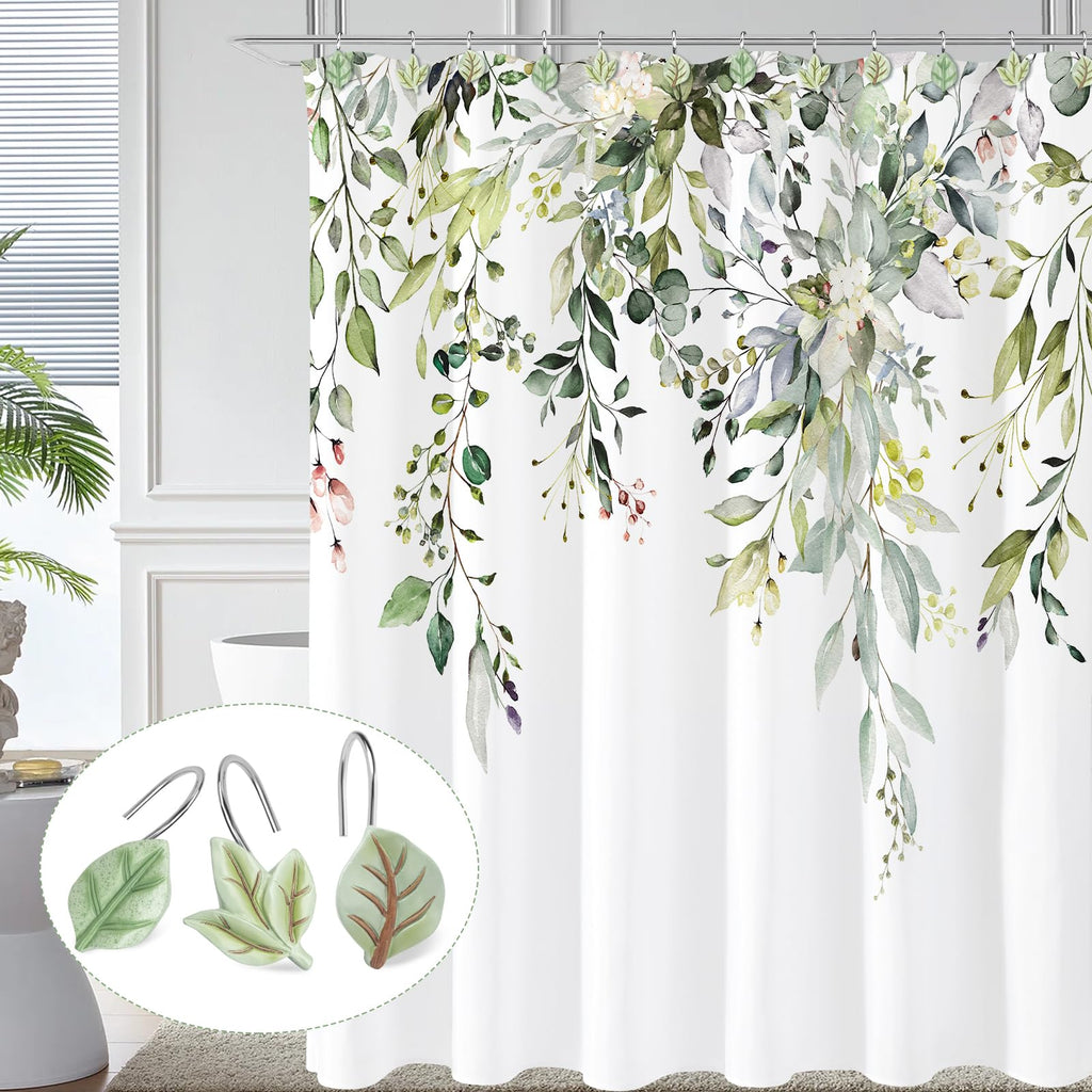 SageGreen Plant Leaf Shower Curtain Hooks, Eucalyptus Bathroom Decor, 12PCS
