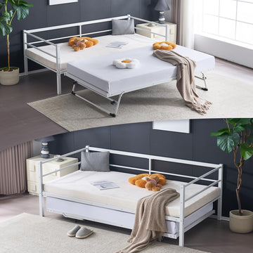 Daybed with Pop Up Trundle, Heavy Duty Metal Twin Bed with Trundle, No Box Spring Needed, White