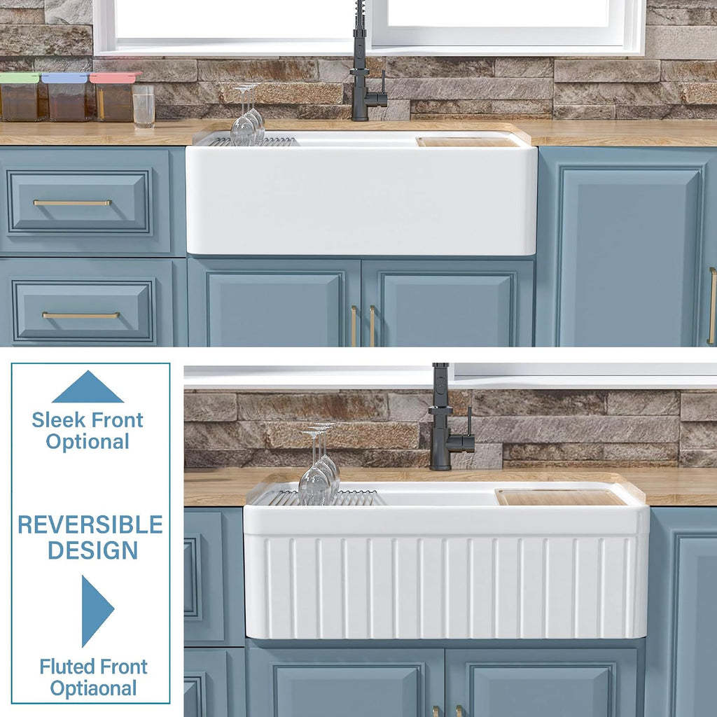 30" x 20" Apron Front Farmhouse Workstation Kitchen Sink White | , Fireclay single bowl farm style, Easy to clean