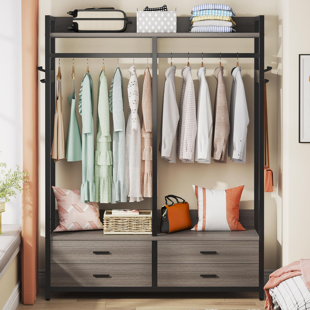 Freestanding Closet Organizer, Garment Rack with 4 Drawers, Gray
