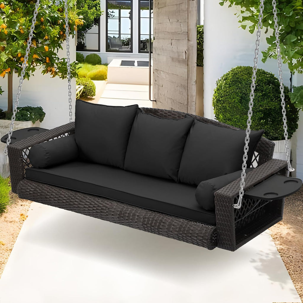 Wicker Hanging Porch Swing - Outdoor 3 Person Patio Swing Bench with Cushion & Chains - 3-Seat Porch Swing Chair with