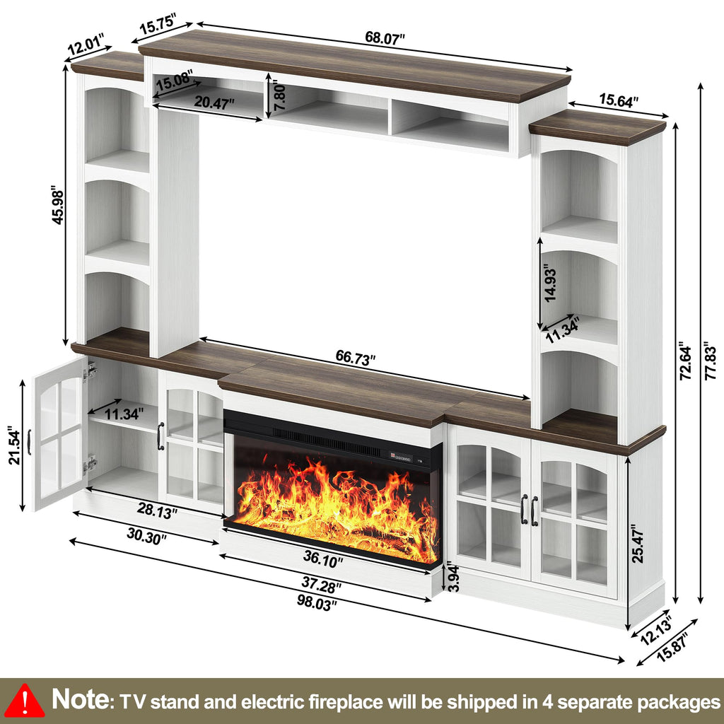 98" Farmhouse TV Stand with 36" Electric Fireplace, Bookshelves, Fits 75" TVs, Entertainment Center with Storage