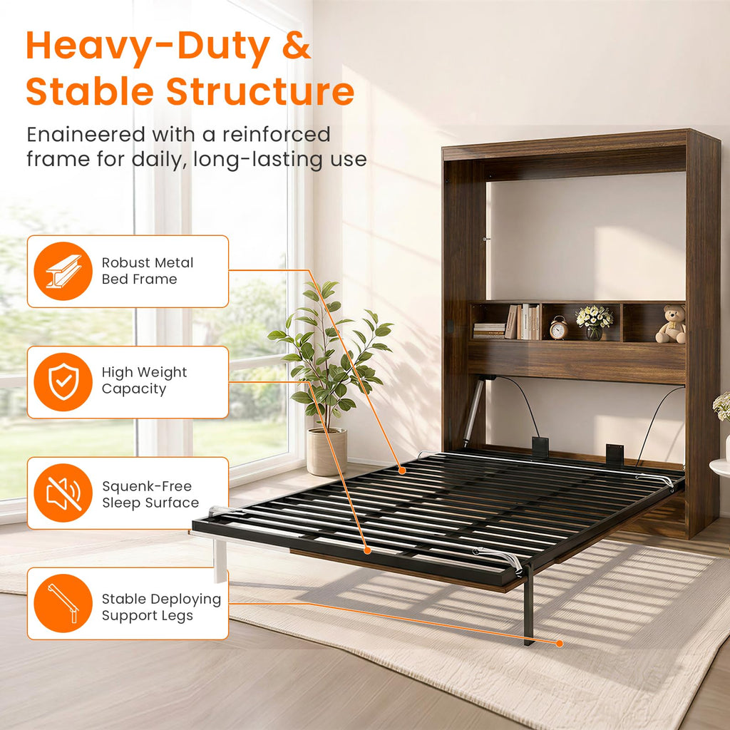 Electric Vertical Full Murphy Bed with Storage Shelf-Brown