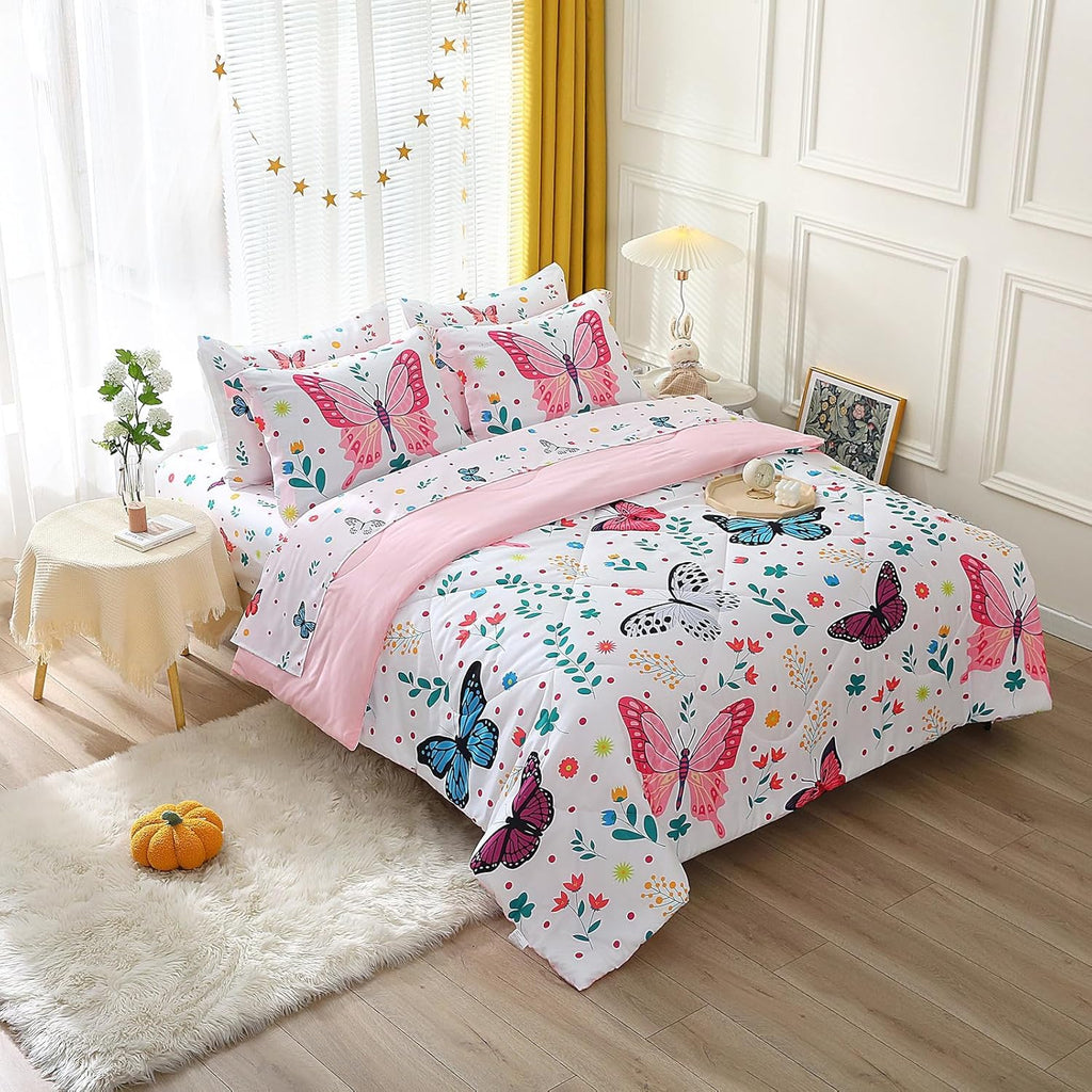 Girls Butterfly Comforter Set Full 7 Piece Bed in A Bag Colorful Flowers Leaves Bedding Set for Kids Teens Super Soft