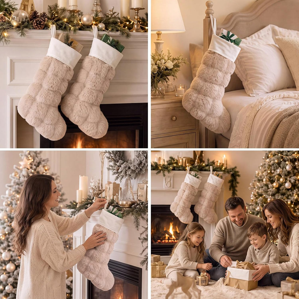 16.5" Faux Fur Christmas Stockings Beige Quilted Stockings - Set of 2