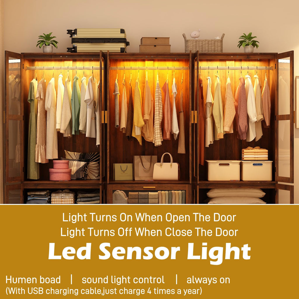 6 Doors Armoire Wardrobe Closet with Sensor LED Light and Mirror