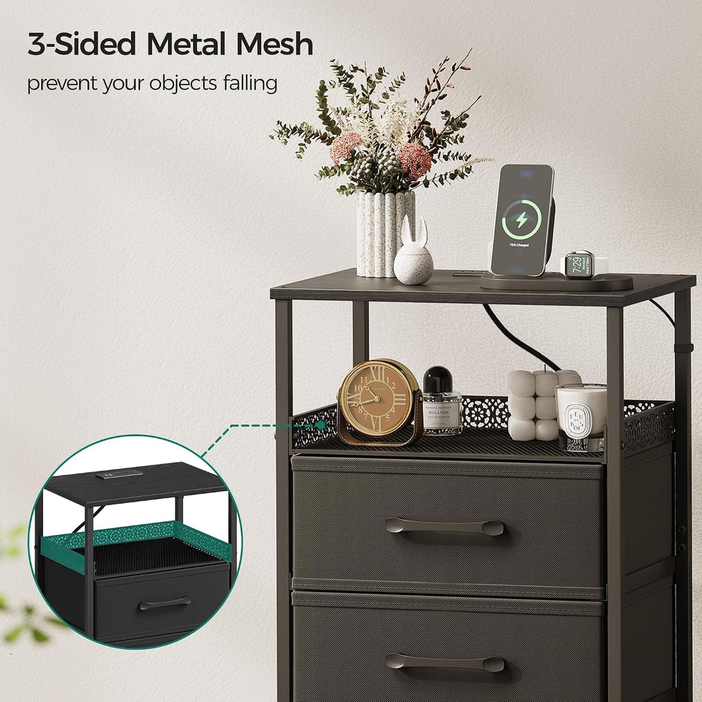Night Stand Set 2 with Charging Station, 3 Drawer Nightstands with LED Lights, End Table with Outlets and USB Ports