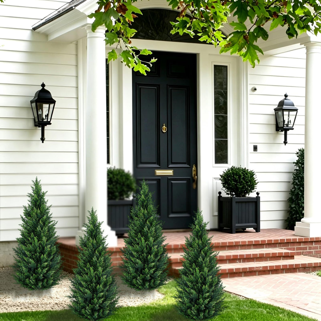 3Ft Artificial Cedar Topiary Trees (2-Pack) - UV Resistant Fake Shrubs with Ground Spike for Outdoor & Indoor Use