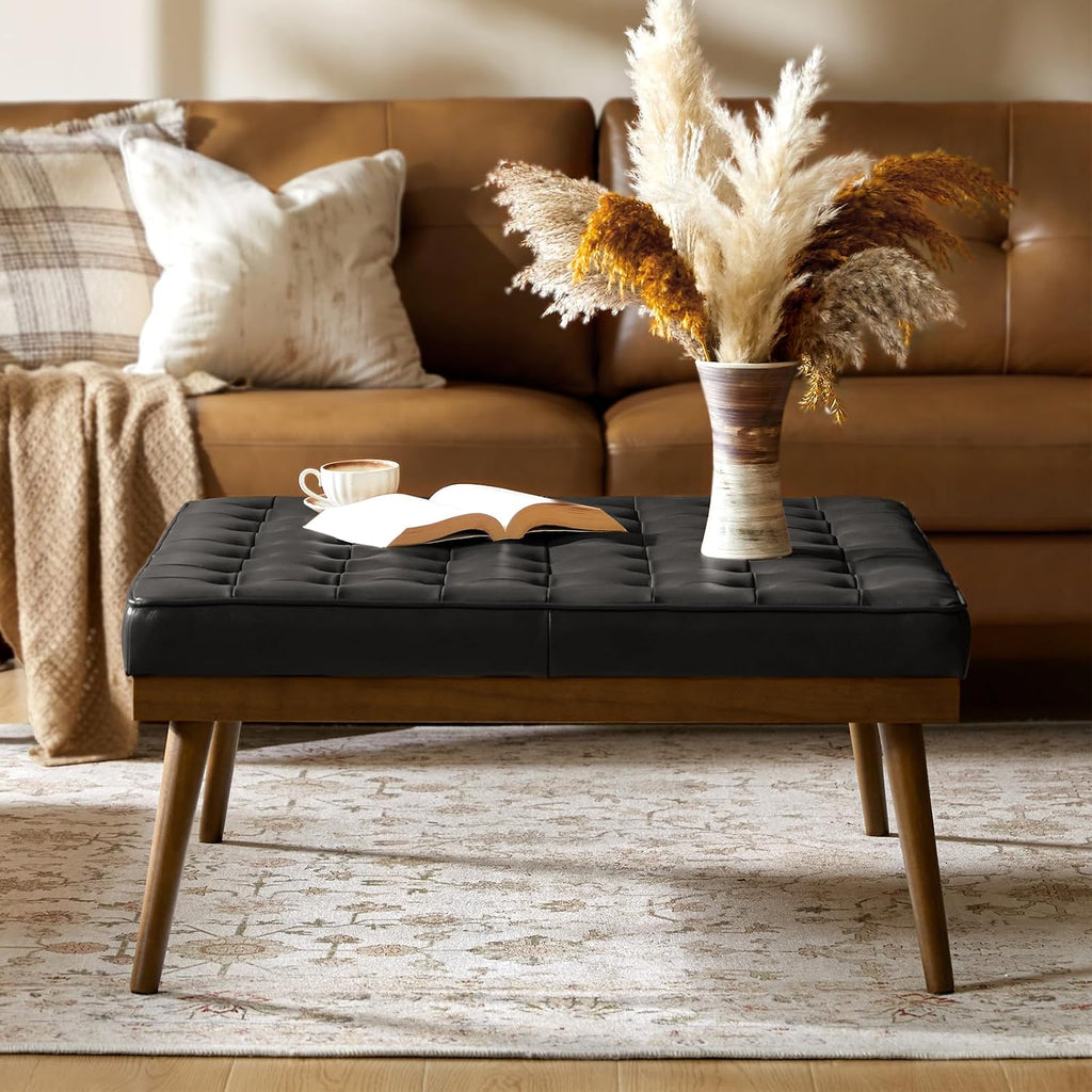 36 Genuine Leather Square Tufted Ottoman Coffee Table Camel Button Tuf