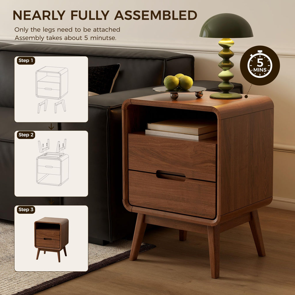 Walnut Nightstand Solid Wood Night Stand, Dark Wood Nightstands with 2 Drawers & Open Shelf, Mid Century Modern