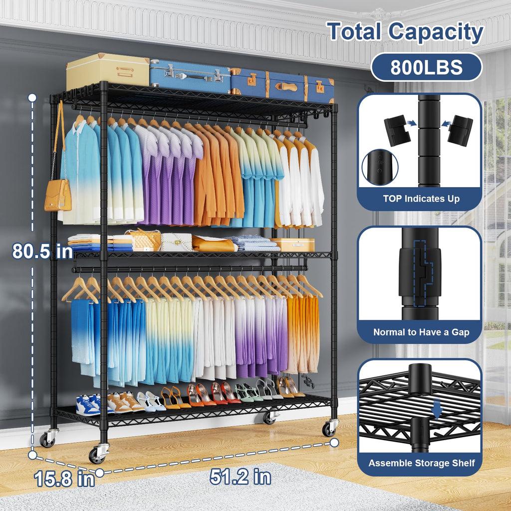 P8 Max Heavy Duty Clothes Rack(With Extended Width Design) Rolling Clothing Racks for Hanging Clothes, Portable