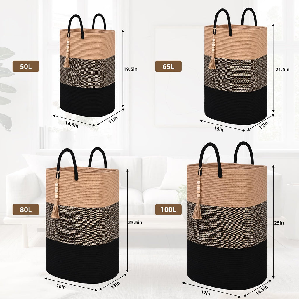 Woven Laundry Basket for Clothes, 80 L Large Rectangle Laundry Hampers with Beads Tassel, Nursery Storage Basket for