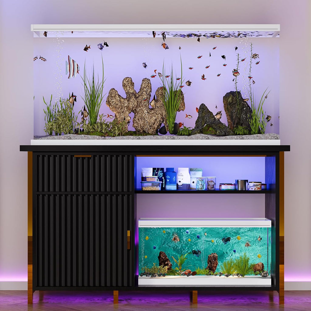 55 Gallon Fish Tank Stand with Power Outlets, Black and Gold Aquarium Stand