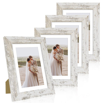 5x7 Picture Frame Set of 4, Real Glass and Wooden Frame, 4x6 Mat