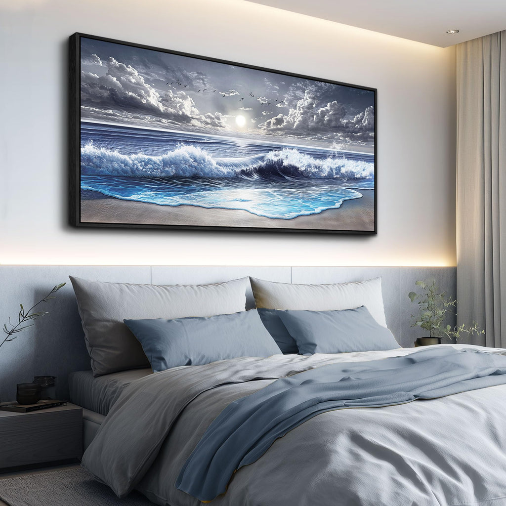 Blue Ocean Large Canvas Wall Art Prints, Coastal Sunset Landscape Paintings, Nature Waves Beach Wall Decor, Seascape