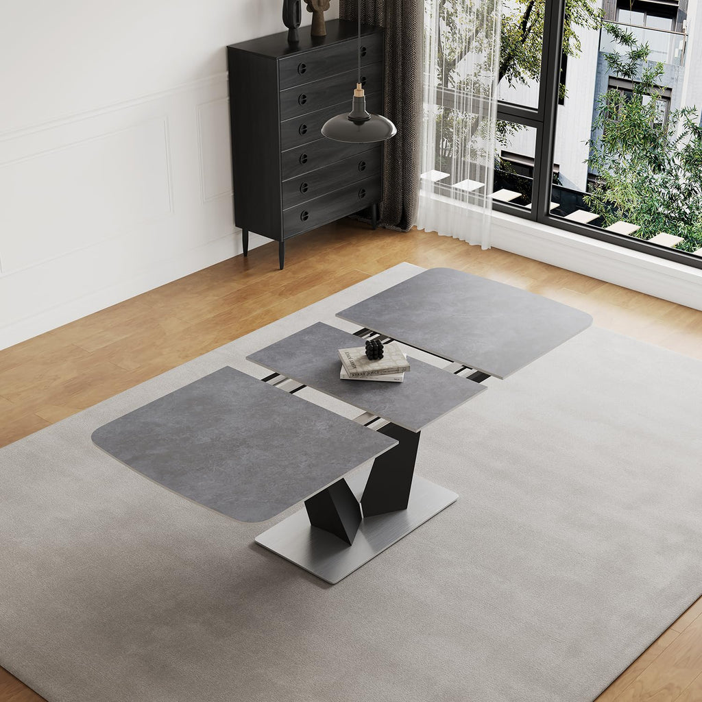 79" Extendable Sintered Stone Dining Table, Modern Rectangular Single Dining Table with V-Shape Carbon Steel Base