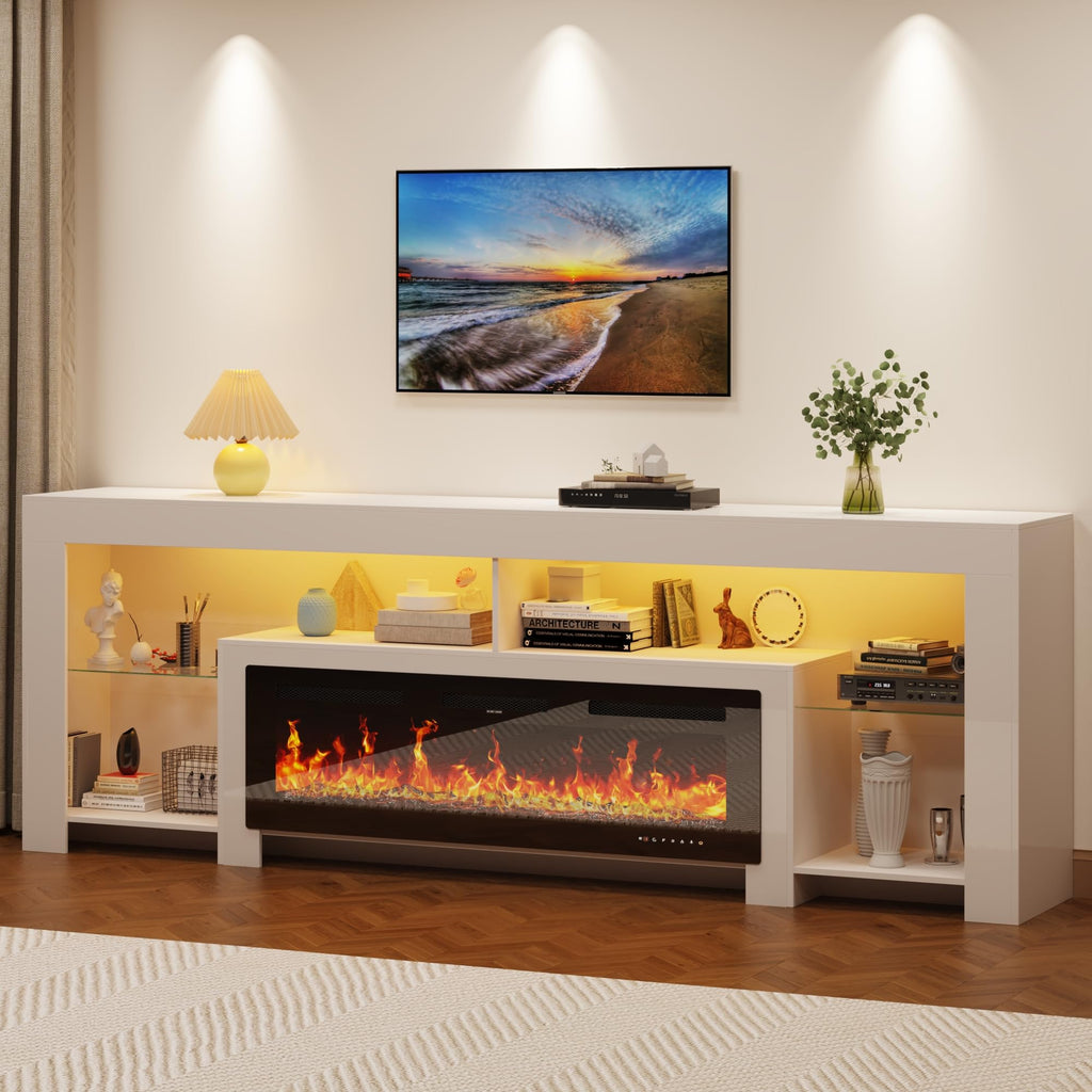 94.5" Extra Long Fireplace TV Stand with 50" Electric Insert, Modern High Gloss Entertainment Center for Up to 100"