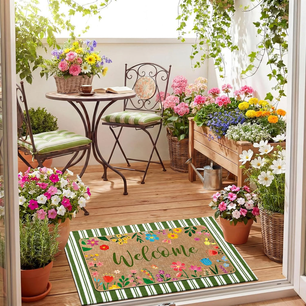 2 Pcs Summer Floral Door Mat Outdoor Wildflower Welcome Doormat for Front Door Linen Rubber Layered Flower Stripes