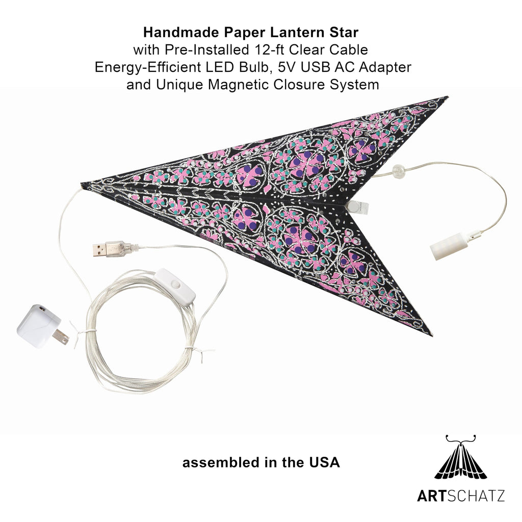 Inspired Noguchi Style Cathedral Paper Lantern Star Light - 7 Point Ø 24 inch - Black/Pink with Violet/Turquoise Tissue Inlay