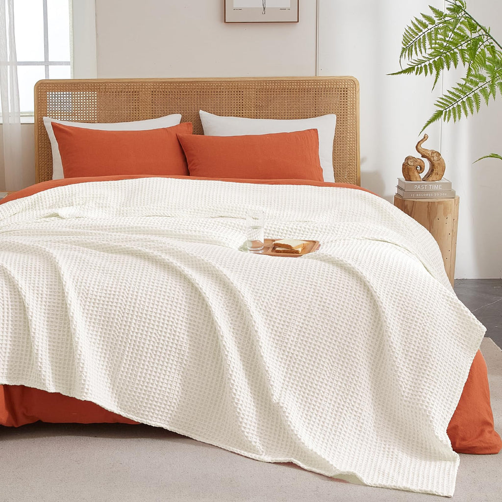 Ultra Soft Waffle Weave Blanket for Bed, Queen Size, Coconut White