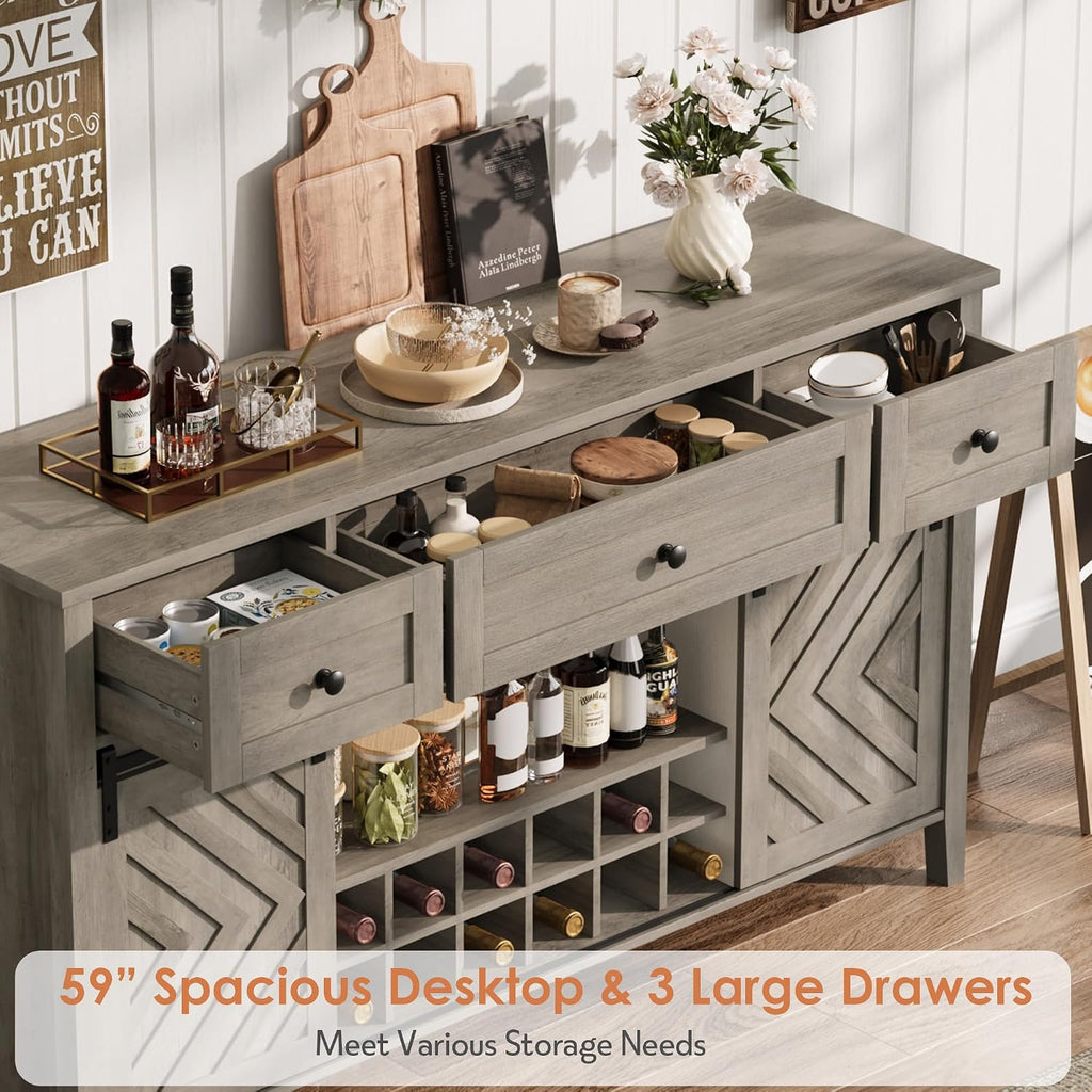Farmhouse 47.2'' Buffet Cabinet with Sliding Barn Door, 33.4'' Tall Wood Rustic Sideboard with 3 Drawer, Adjustable