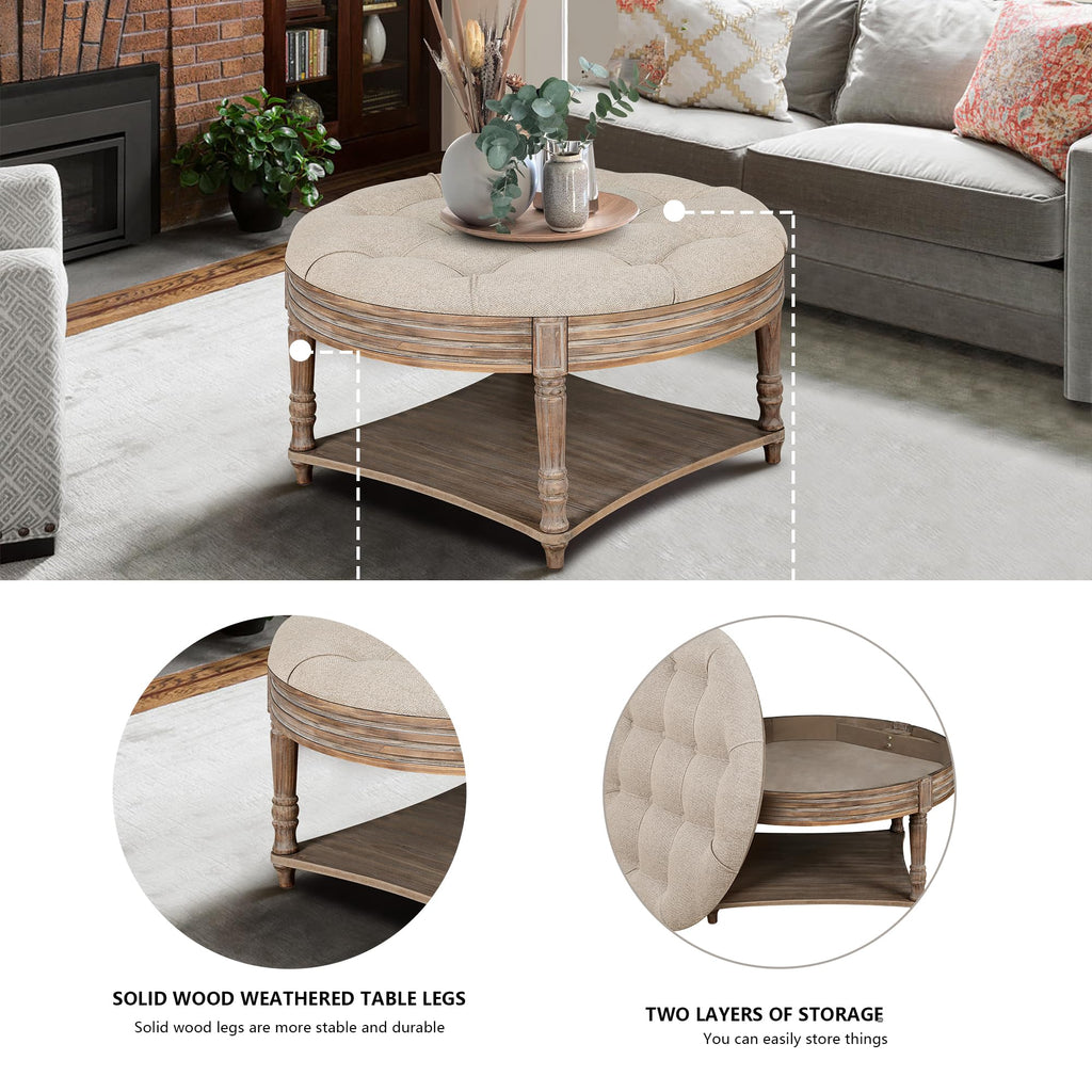 Huza Round Ottoman Coffee Table, 2 Tier Button Tufted Ottoman with Wooden Shelf Storage, Farmhouse Linen Fabric
