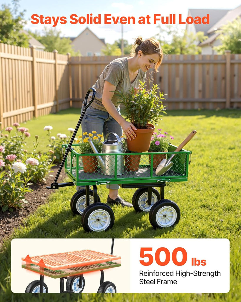 500 LBS Steel Garden Cart with Work Seat, Heavy Duty Garden Wagon Cart on Wheels, Outdoor Metal Utility Yard Wagon